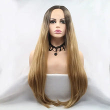 Synthetic long straight ombre blonde wig with dark roots, heat safe