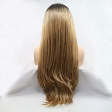 Synthetic long straight ombre blonde wig with dark roots, heat safe