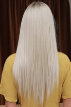 Synthetic long straight platinum blonde wig with dark roots, heat safe