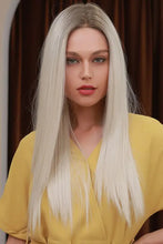 Synthetic long straight platinum blonde wig with dark roots, heat safe