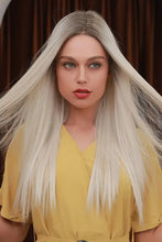 Heat Safe Synthetic Long Straight Platinum Blonde Wig with Dark Roots