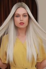 Heat safe synthetic long straight platinum blonde wig with dark roots