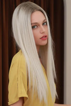 Synthetic long straight platinum blonde wig with dark roots and yellow shirt