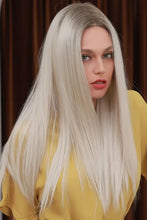 Synthetic long straight platinum blonde wig with dark roots, heat safe