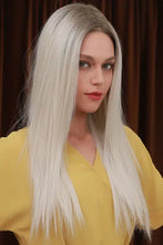 Synthetic long straight platinum blonde wig with dark roots, heat safe