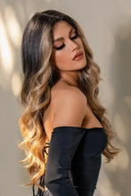 Black off-shoulder lace dress with synthetic long wavy ombre wig, heat safe, cap included