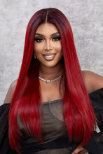 Synthetic straight vibrant red wig with dark roots, heat safe, cap included