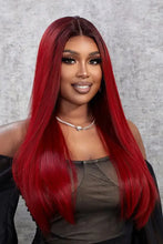Synthetic straight vibrant red wig with dark roots, heat safe, cap included