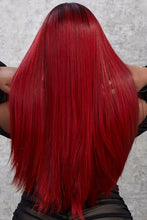 Synthetic straight vibrant red wig with dark roots, heat safe, cap included