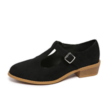 T-strap heeled shoes for women in black and brown with elegant buckles