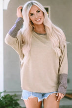 Tan and Gray Color Block Long Sleeve Length Round Neck Top for Women Woman T Shirts