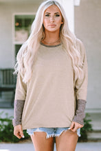 Tan and Gray Color Block Long Sleeve Length Round Neck Top for Women Tan