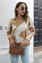 Tan and White Patterned Sweater with Johnny Collar and Regular Sleeve Length