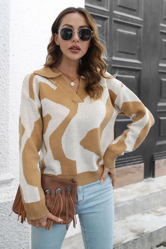 Tan and White Patterned Sweater with Johnny Collar and Regular Sleeve Length Camel