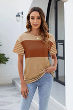 Tan Colorblock Striped Sleeve Women's T Shirt Khaki Brown