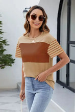Tan Colorblock Striped Sleeve Women's T Shirt Woman T Shirts