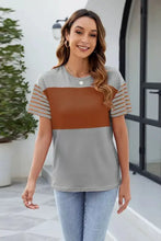 Tan Colorblock Striped Sleeve Women's T Shirt Woman T Shirts