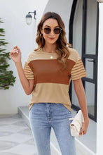 Tan Colorblock Striped Sleeve Women's T Shirt Woman T Shirts