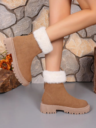 Tan Faux Fur Trim Suede Ankle Boots for Women Camel