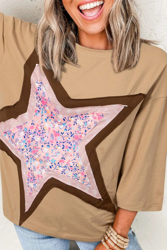 Tan Floral Star Cotton Blend T Shirt for Women Tan