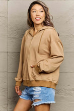 Tan Hooded Zip Up Sweatshirt with Denim Shorts for Women