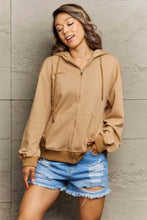 Tan Hooded Zip Up Sweatshirt with Denim Shorts for Women