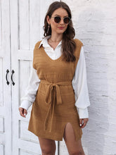 Tan Knit Sweater Dress with Belt and White Collared Shirt Camel