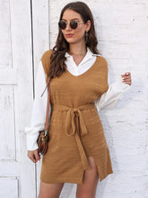Tan Knit Sweater Dress with Belt and White Collared Shirt