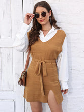 Tan Knit Sweater Dress with Belt and White Collared Shirt