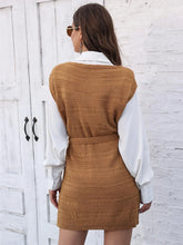 Tan Knit Sweater Dress with Belt and White Collared Shirt