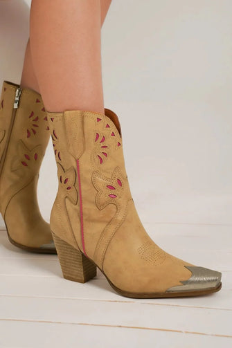 Tan Leather Cowboy Boots with Floral Embroidery and Stacked Heel Camel