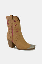 Tan Leather Cowboy Boots with Floral Embroidery and Stacked Heel