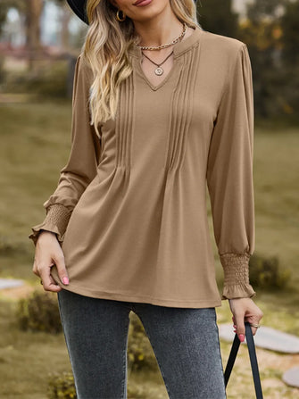 Tan Pleated Long Sleeve Blouse for Women Camel