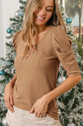 Tan Rib Knit Puff Sleeves Top for Women TAUPE