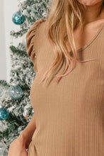 Tan Rib Knit Puff Sleeves Top for Women
