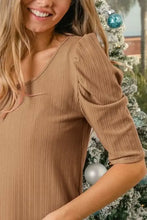 Tan Rib Knit Puff Sleeves Top for Women Woman T Shirts