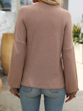 Tan Ribbed Knit Top with Ruffled Cuffs and Balloon Sleeves