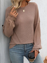 Tan Ribbed Knit Top with Ruffled Cuffs and Balloon Sleeves