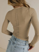 Tan Ribbed V-Neck Long Sleeve Top for Women