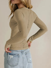 Tan Ribbed V-Neck Long Sleeve Top for Women