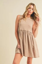 Tan round neck mini tank dress, sleeveless drop-waist style