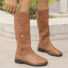 Brown Knee-High Round Toe Riding Boots with Button Accents for Women Caramel