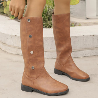 Brown Knee-High Round Toe Riding Boots with Button Accents for Women Caramel