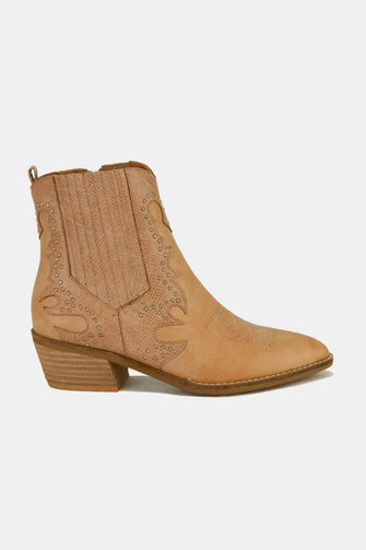 Tan Studded Point Toe Boots in Tan Leather for Women Taupe