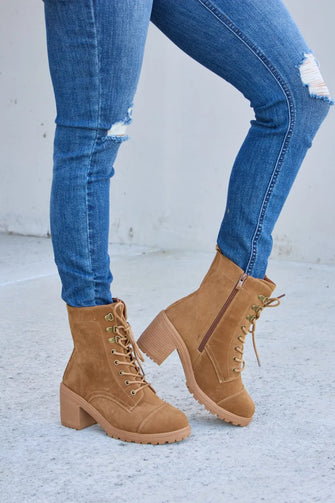 Tan Suede Lace-Up Block Heel Boots with Zipper Detail TAN