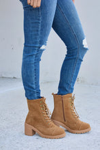 Tan Suede Lace-Up Block Heel Boots with Zipper Detail