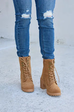 Tan suede block heel boots with lace-up and zipper detail