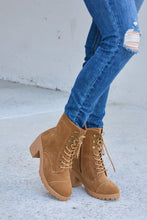 Tan Suede Lace-Up Block Heel Boots with Zipper Detail