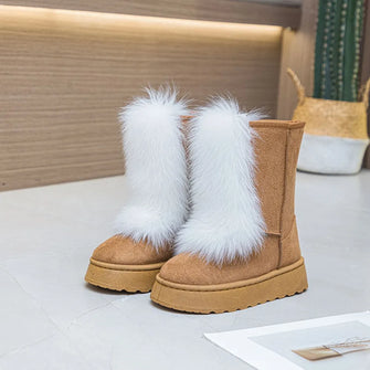 Tan Suede Platform Boots with White Fur Trim White