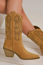 Tan Suede Point Toe Boots with Rhinestone Embellishments Camel